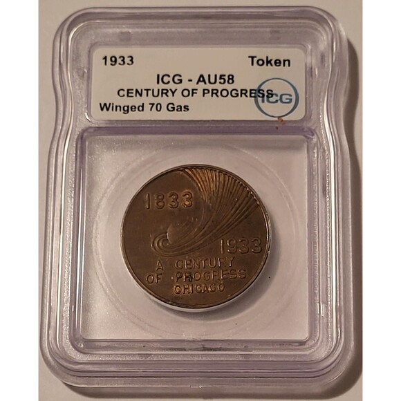 1933 Century of Progress Expo Johnson Winged 70 Gas Token AU58 ICG - Picture 1 of 4
